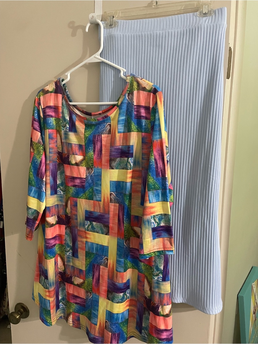 Colorful Geo-Brushstroke Tunic Top with skirt bundle.